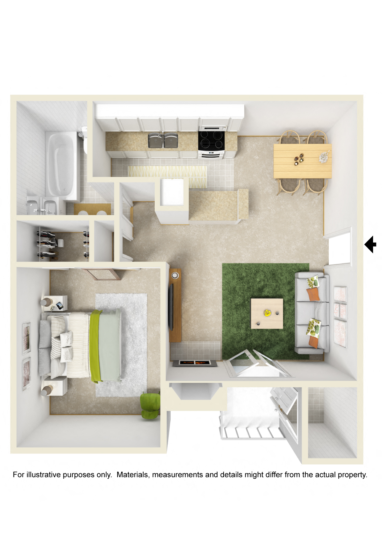 Floor plan for 1 bed, 1 bath, 660 sqft